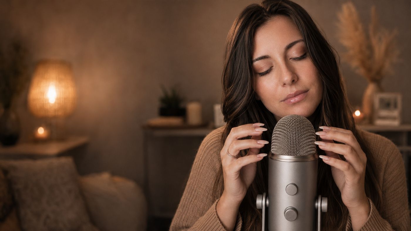 ASMR creator recording close to a microphone in a softly furnished room